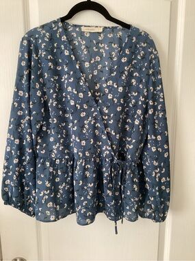 Rokoko Blue Floral Wrap Peplum Blouse with Tie Waist